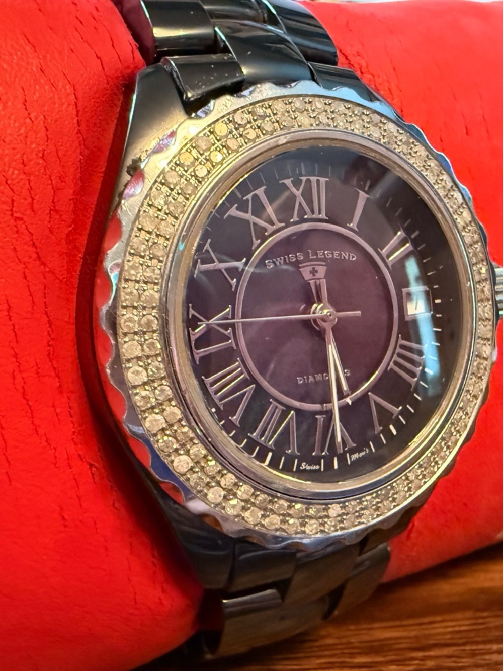 Swiss Legend Black Karamica Watch with Mother of Pearl and Diamonds